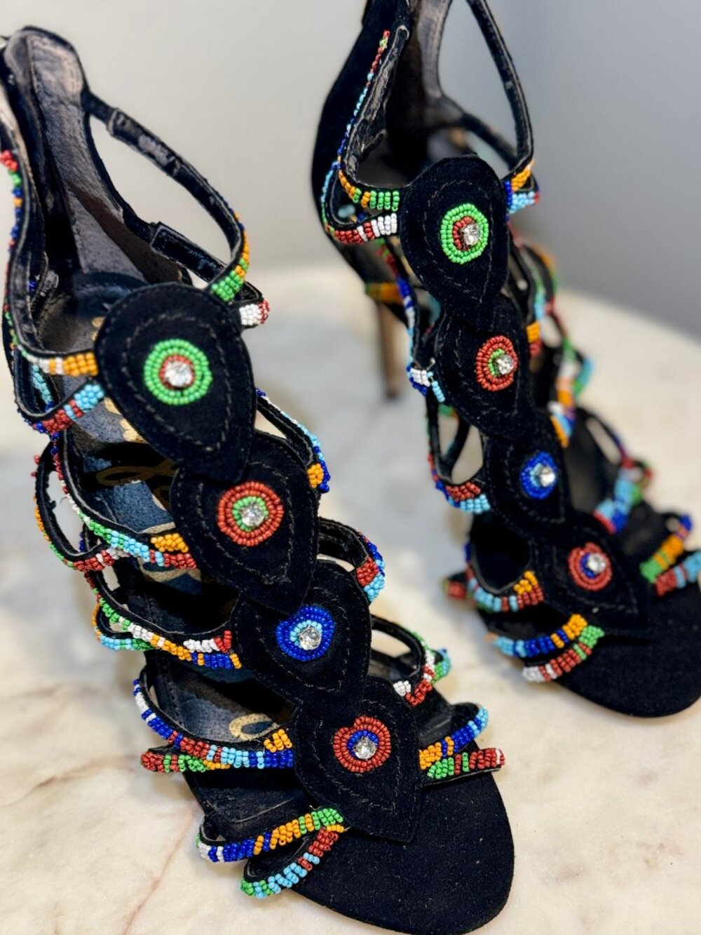 Sam Edelman Strappy Beaded High Heel Black Sandals